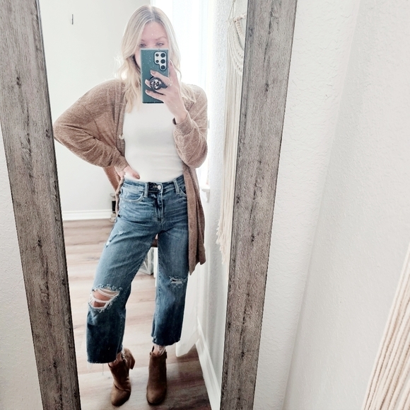 Neutral Marled Long Sleeve Drop Shoulder Button Down Midi Cardigan Small - Picture 3 of 10